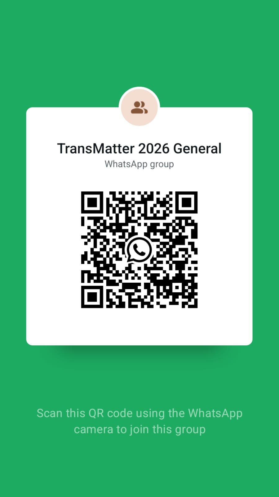 TransMatter 2026 Delegates WhatsApp group QR code — scan with WhatsApp camera to join